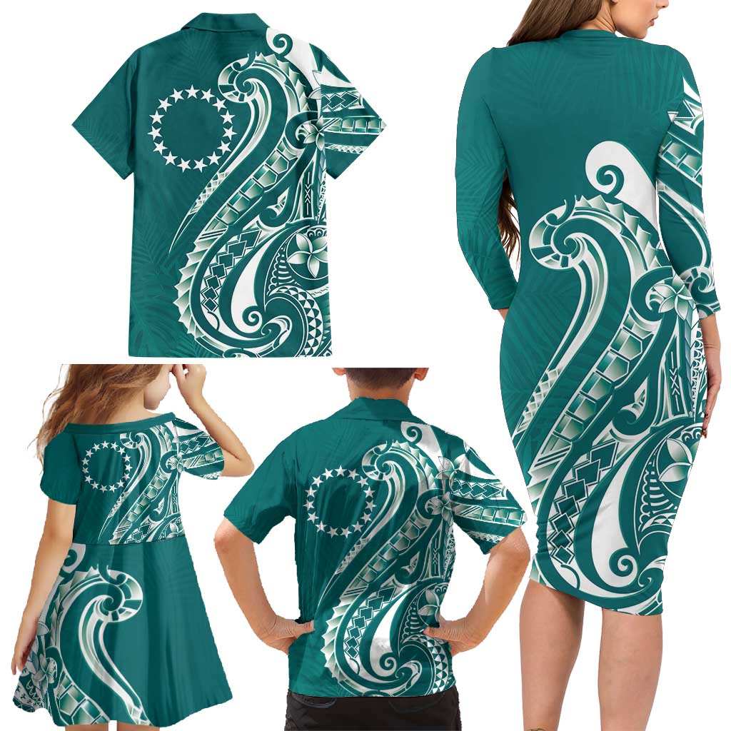 Kia Orana Cook Islands Family Matching Long Sleeve Bodycon Dress and Hawaiian Shirt Teal Plumeria Tropical Waves LT7 - Polynesian Pride