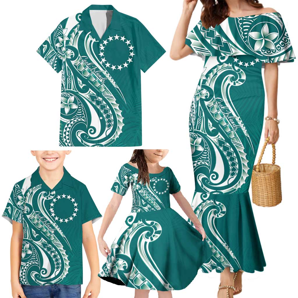 Kia Orana Cook Islands Family Matching Mermaid Dress and Hawaiian Shirt Teal Plumeria Tropical Waves LT7 - Polynesian Pride