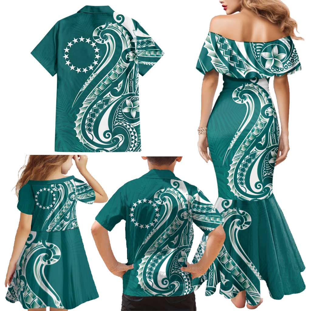Kia Orana Cook Islands Family Matching Mermaid Dress and Hawaiian Shirt Teal Plumeria Tropical Waves LT7 - Polynesian Pride