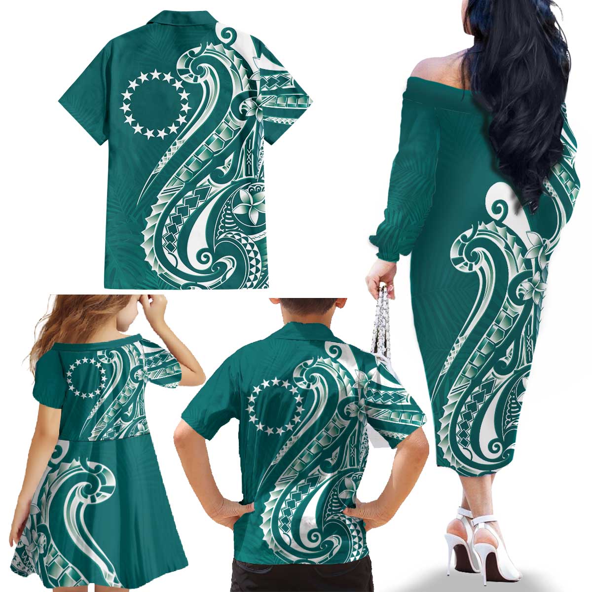 Kia Orana Cook Islands Family Matching Off The Shoulder Long Sleeve Dress and Hawaiian Shirt Teal Plumeria Tropical Waves LT7 - Polynesian Pride