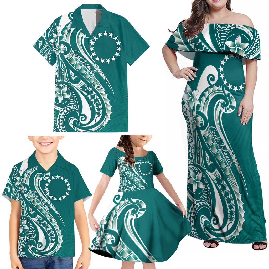 Kia Orana Cook Islands Family Matching Off Shoulder Maxi Dress and Hawaiian Shirt Teal Plumeria Tropical Waves LT7 - Polynesian Pride