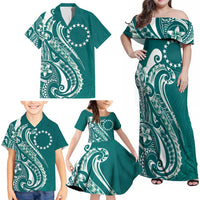 Kia Orana Cook Islands Family Matching Off Shoulder Maxi Dress and Hawaiian Shirt Teal Plumeria Tropical Waves LT7 - Polynesian Pride