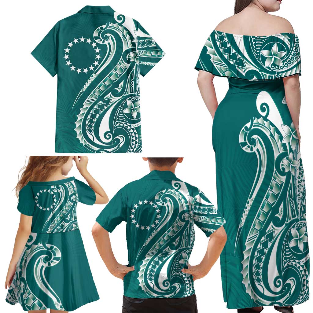 Kia Orana Cook Islands Family Matching Off Shoulder Maxi Dress and Hawaiian Shirt Teal Plumeria Tropical Waves LT7 - Polynesian Pride