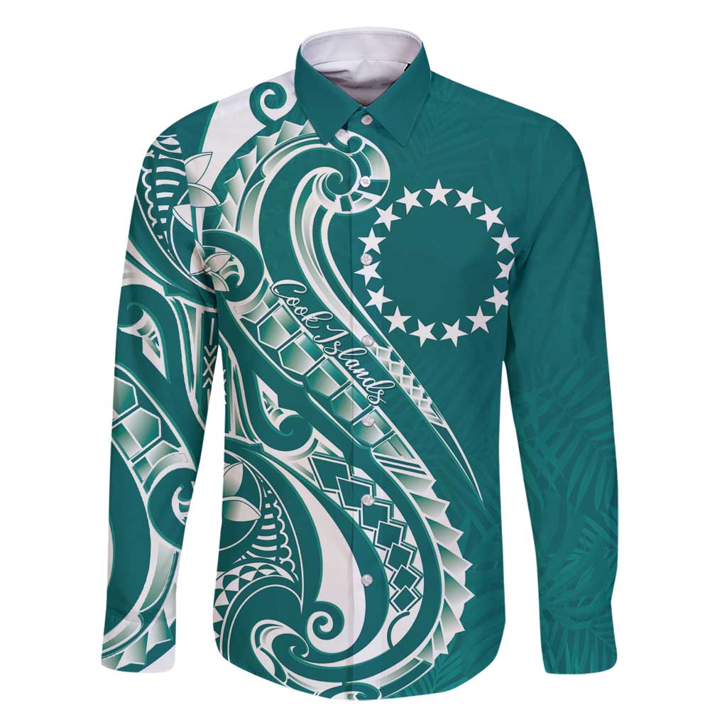 Kia Orana Cook Islands Family Matching Off Shoulder Maxi Dress and Hawaiian Shirt Teal Plumeria Tropical Waves LT7 Dad's Shirt - Long Sleeve Teal - Polynesian Pride
