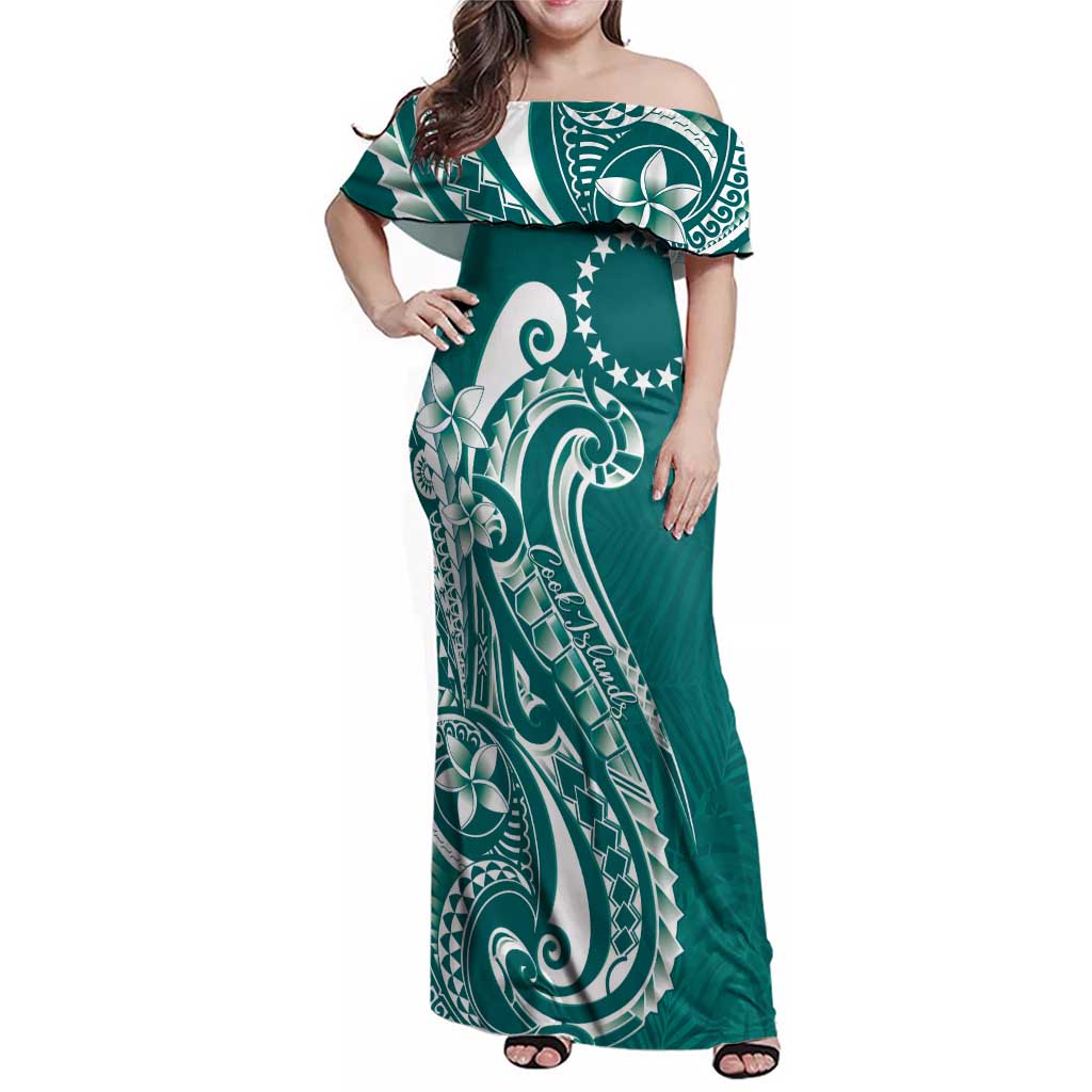 Kia Orana Cook Islands Family Matching Off Shoulder Maxi Dress and Hawaiian Shirt Teal Plumeria Tropical Waves LT7 Mom's Dress Teal - Polynesian Pride