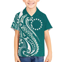 Kia Orana Cook Islands Family Matching Off Shoulder Maxi Dress and Hawaiian Shirt Teal Plumeria Tropical Waves LT7 Son's Shirt Teal - Polynesian Pride