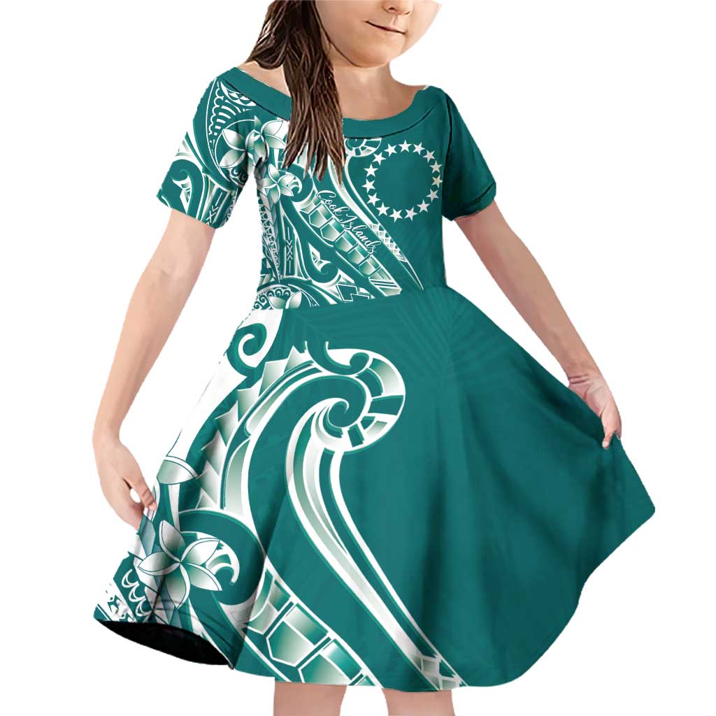 Kia Orana Cook Islands Family Matching Off Shoulder Short Dress and Hawaiian Shirt Teal Plumeria Tropical Waves LT7 Daughter's Dress Teal - Polynesian Pride