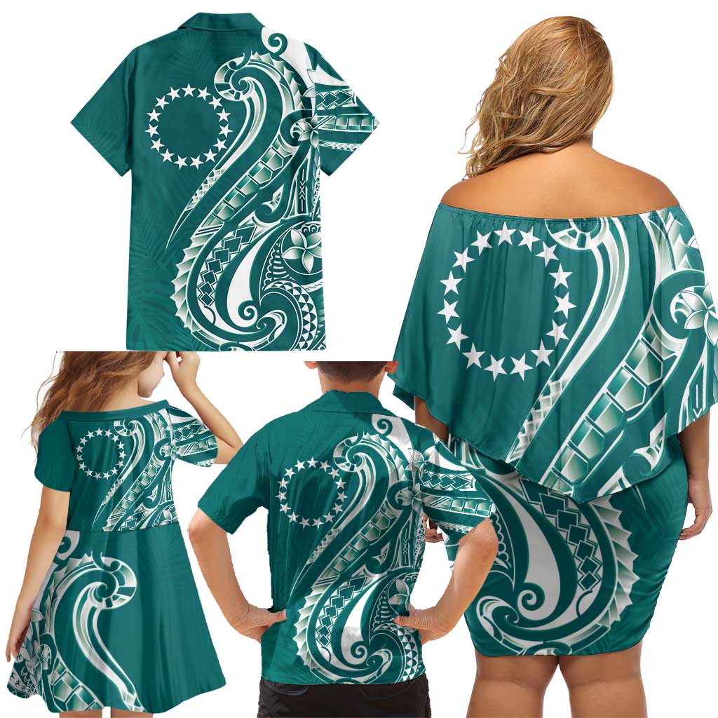Kia Orana Cook Islands Family Matching Off Shoulder Short Dress and Hawaiian Shirt Teal Plumeria Tropical Waves LT7 - Polynesian Pride