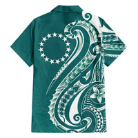 Kia Orana Cook Islands Family Matching Off Shoulder Short Dress and Hawaiian Shirt Teal Plumeria Tropical Waves LT7 - Polynesian Pride