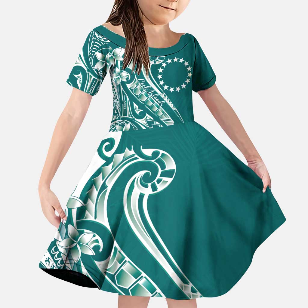 Kia Orana Cook Islands Family Matching Puletasi and Hawaiian Shirt Teal Plumeria Tropical Waves LT7 Daughter's Dress Teal - Polynesian Pride