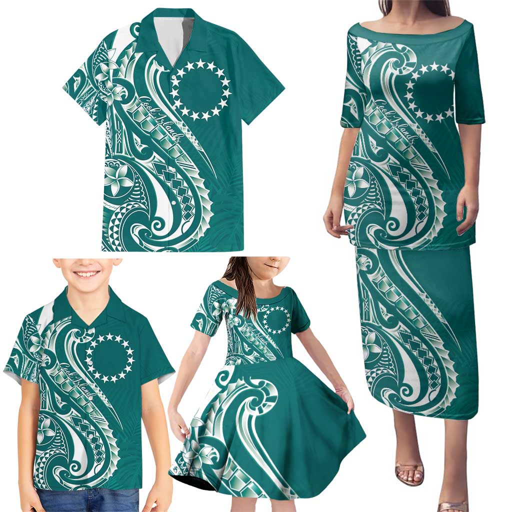 Kia Orana Cook Islands Family Matching Puletasi and Hawaiian Shirt Teal Plumeria Tropical Waves LT7 - Polynesian Pride
