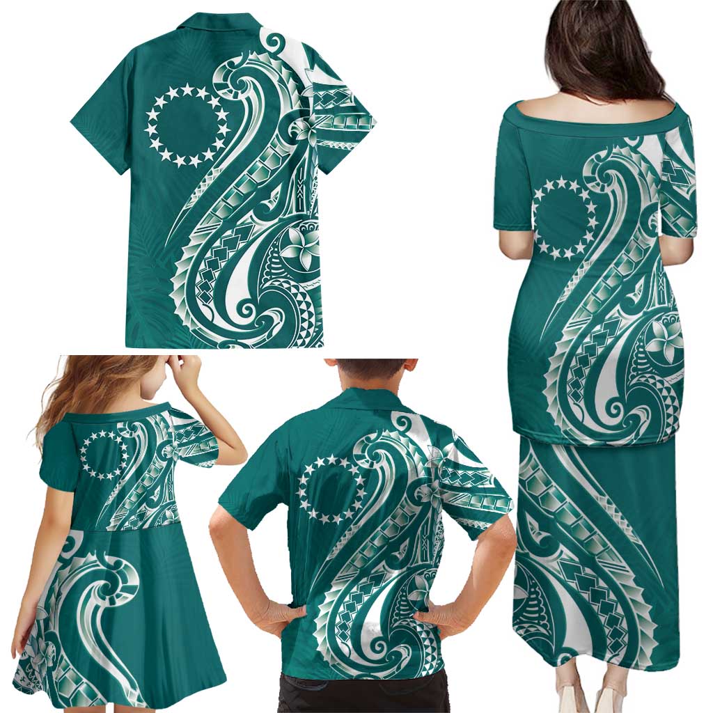 Kia Orana Cook Islands Family Matching Puletasi and Hawaiian Shirt Teal Plumeria Tropical Waves LT7 - Polynesian Pride