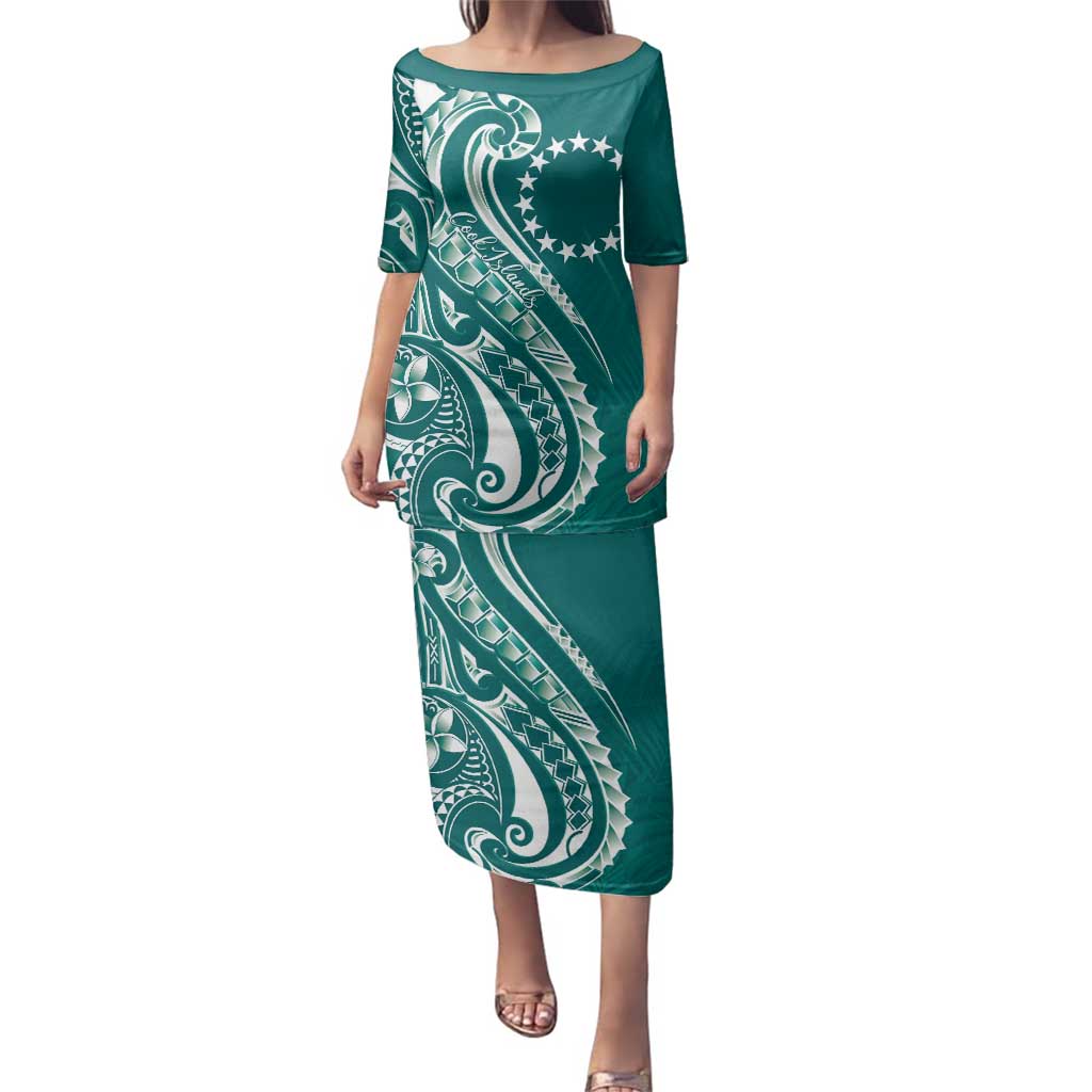Kia Orana Cook Islands Family Matching Puletasi and Hawaiian Shirt Teal Plumeria Tropical Waves LT7 Mom's Dress Teal - Polynesian Pride