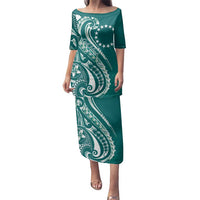 Kia Orana Cook Islands Family Matching Puletasi and Hawaiian Shirt Teal Plumeria Tropical Waves LT7 Mom's Dress Teal - Polynesian Pride