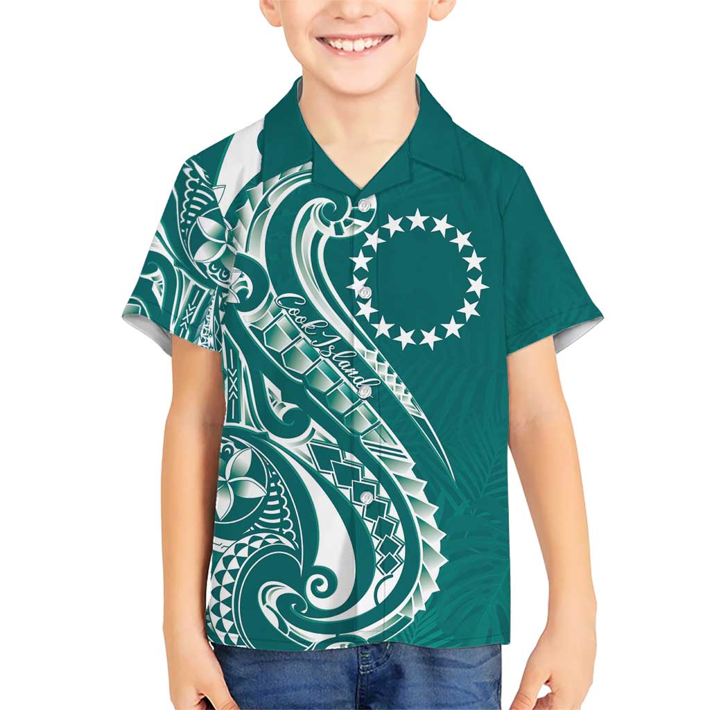 Kia Orana Cook Islands Family Matching Short Sleeve Bodycon Dress and Hawaiian Shirt Teal Plumeria Tropical Waves LT7 Son's Shirt Teal - Polynesian Pride