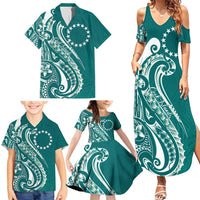 Kia Orana Cook Islands Family Matching Summer Maxi Dress and Hawaiian Shirt Teal Plumeria Tropical Waves LT7 - Polynesian Pride