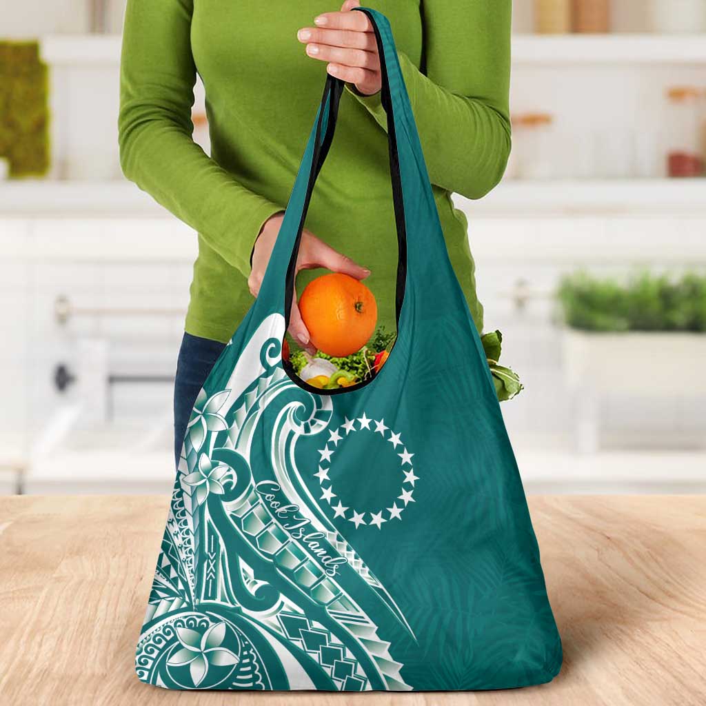 Kia Orana Cook Islands Grocery Bag Teal Plumeria Tropical Waves - Polynesian Pride