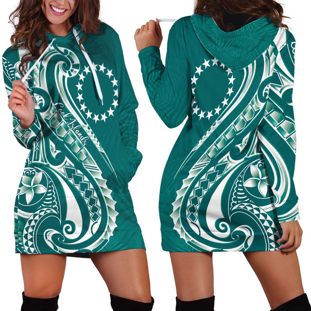 Kia Orana Cook Islands Hoodie Dress Teal Plumeria Tropical Waves LT7 - Polynesian Pride