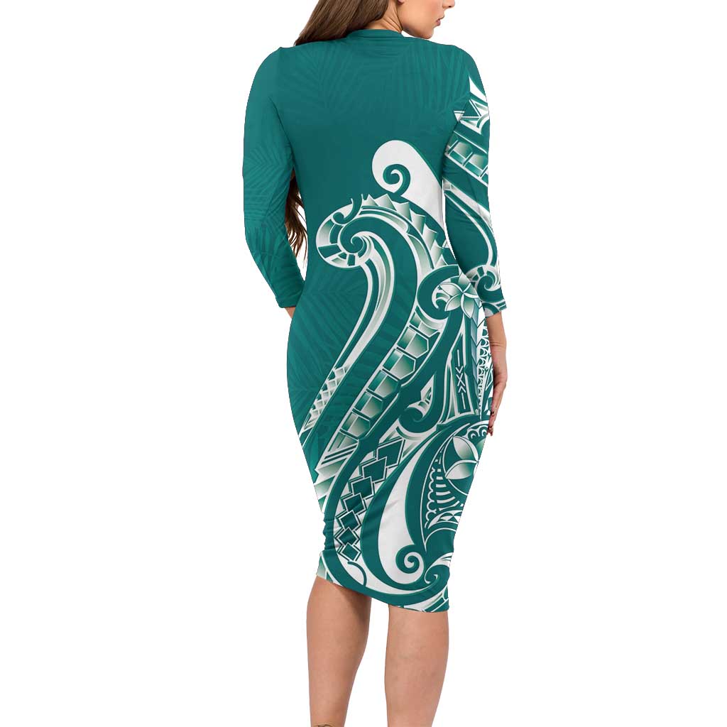 Kia Orana Cook Islands Long Sleeve Bodycon Dress Teal Plumeria Tropical Waves LT7 - Polynesian Pride