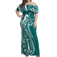 Kia Orana Cook Islands Off Shoulder Maxi Dress Teal Plumeria Tropical Waves LT7 Women Teal - Polynesian Pride