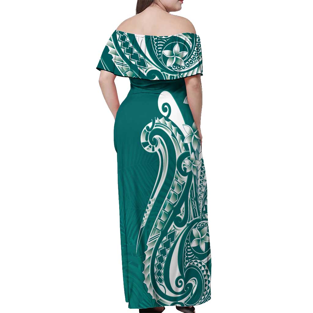 Kia Orana Cook Islands Off Shoulder Maxi Dress Teal Plumeria Tropical Waves LT7 - Polynesian Pride