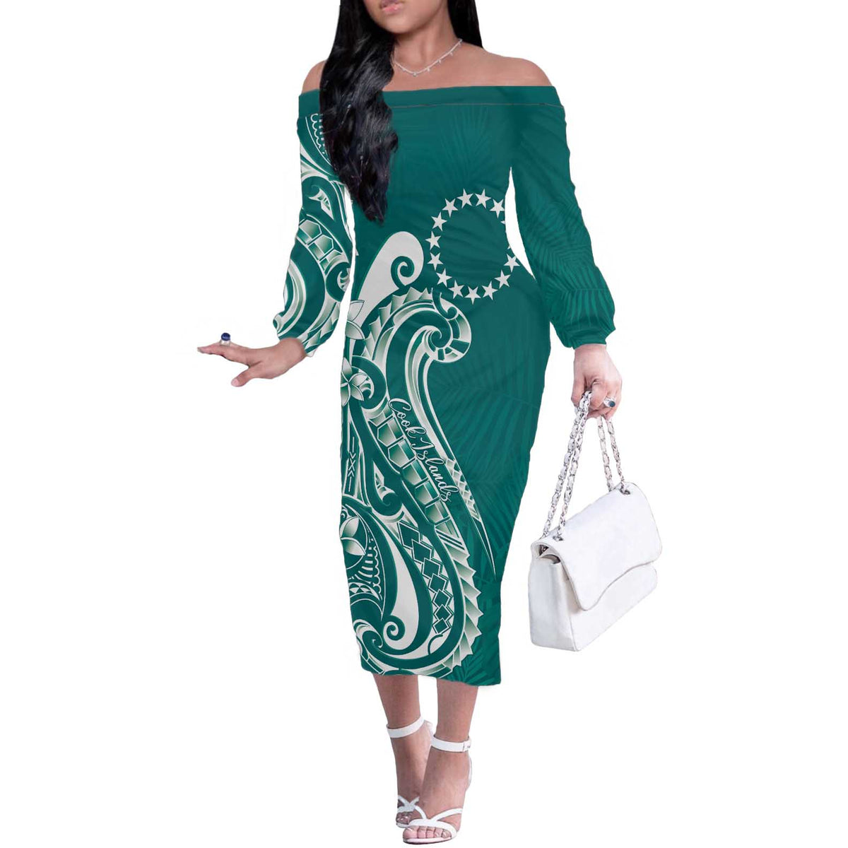 Kia Orana Cook Islands Off The Shoulder Long Sleeve Dress Teal Plumeria Tropical Waves LT7 Women Teal - Polynesian Pride