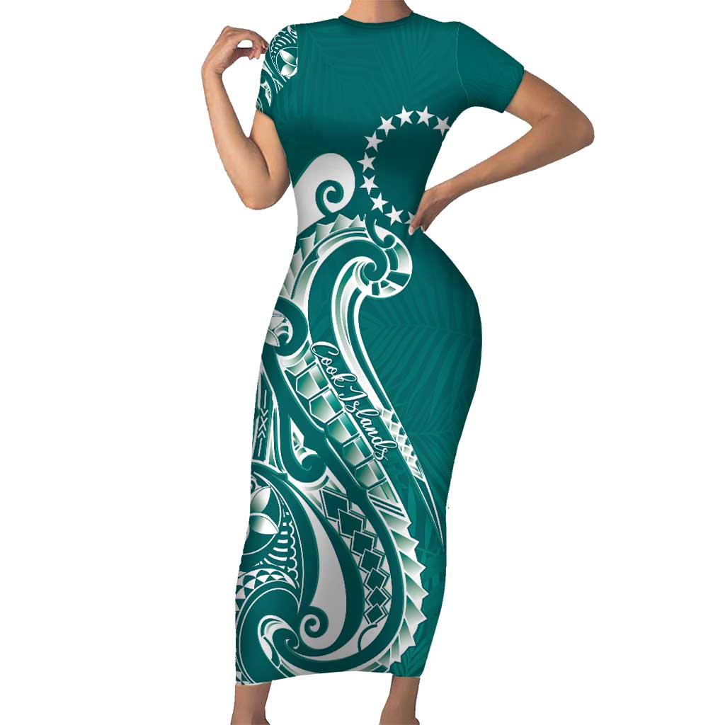 Kia Orana Cook Islands Short Sleeve Bodycon Dress Teal Plumeria Tropical Waves LT7 Long Dress Teal - Polynesian Pride