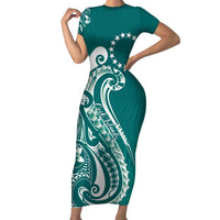 Kia Orana Cook Islands Short Sleeve Bodycon Dress Teal Plumeria Tropical Waves LT7 Long Dress Teal - Polynesian Pride