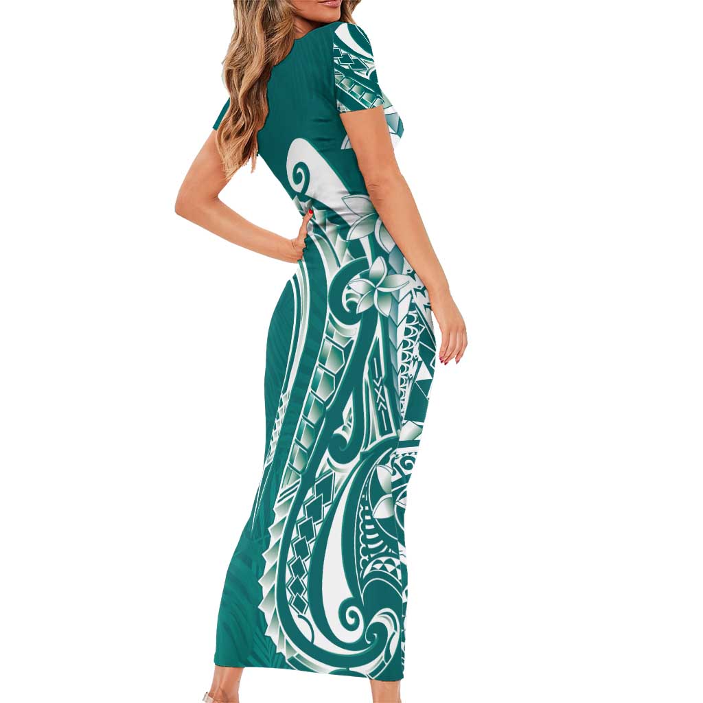 Kia Orana Cook Islands Short Sleeve Bodycon Dress Teal Plumeria Tropical Waves LT7 - Polynesian Pride