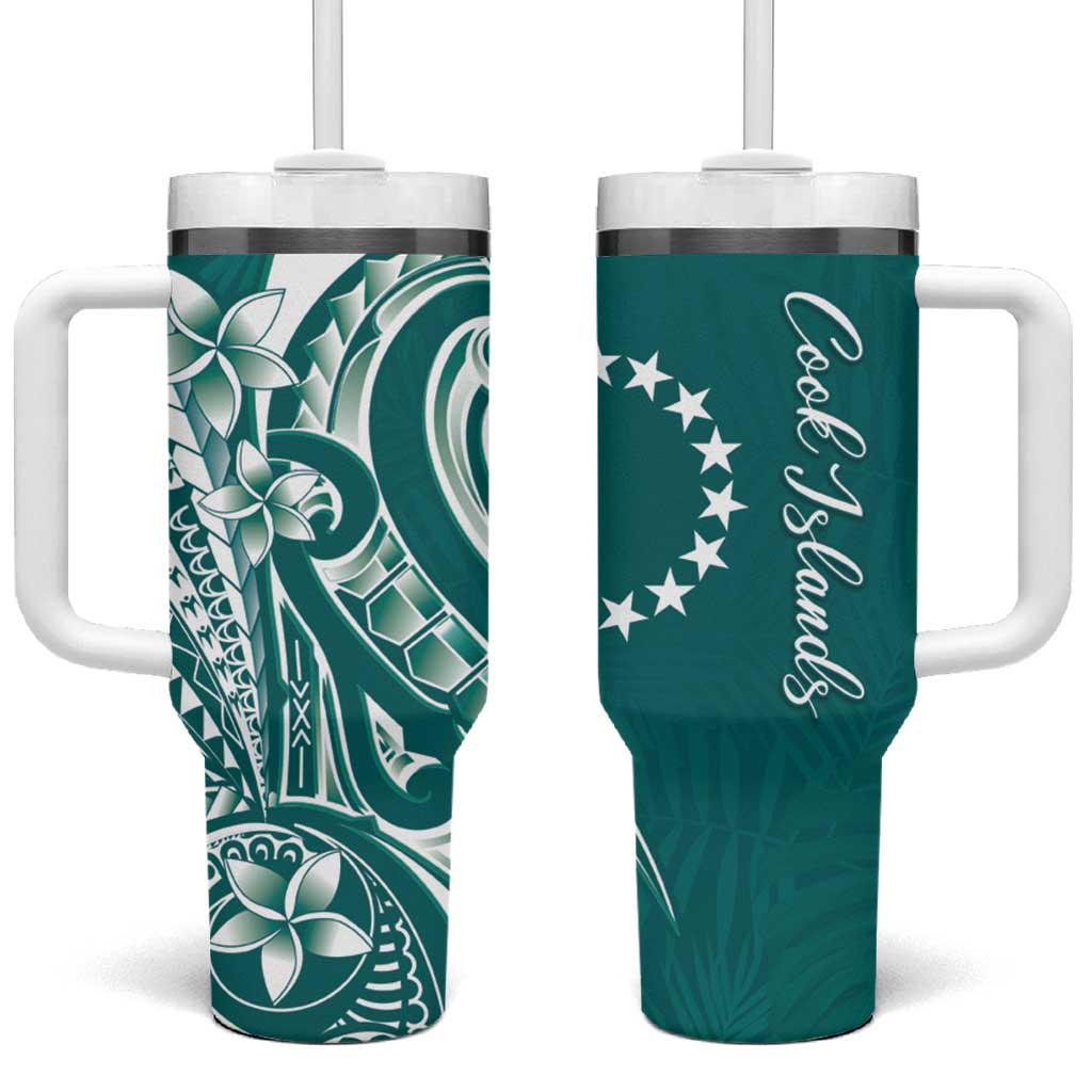 Kia Orana Cook Islands Tumbler With Handle Teal Plumeria Tropical Waves - Polynesian Pride