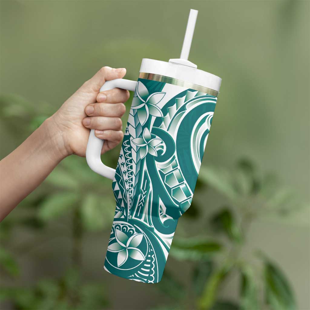 Kia Orana Cook Islands Tumbler With Handle Teal Plumeria Tropical Waves - Polynesian Pride
