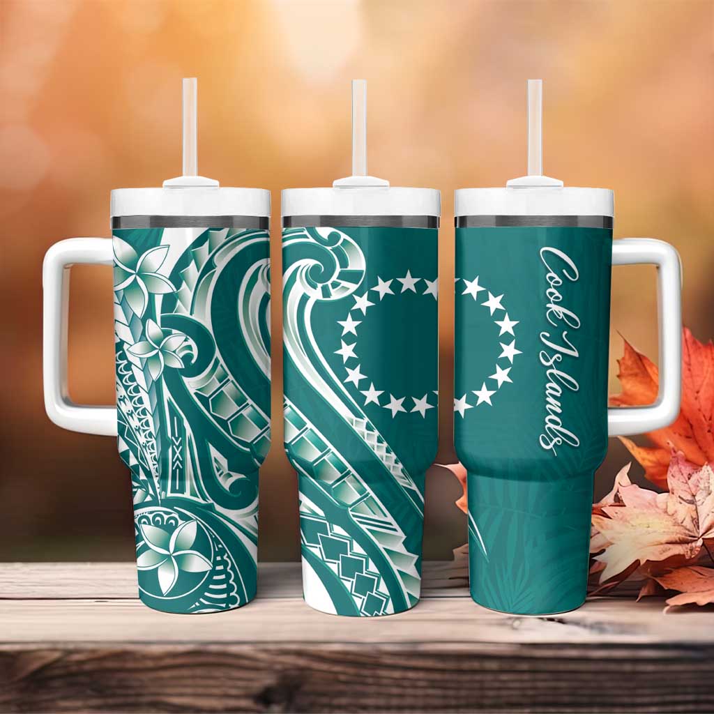 Kia Orana Cook Islands Tumbler With Handle Teal Plumeria Tropical Waves - Polynesian Pride