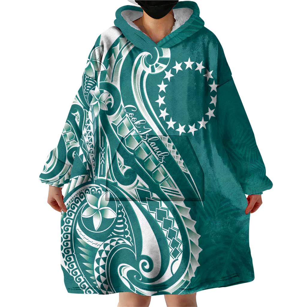 Kia Orana Cook Islands Wearable Blanket Hoodie Teal Plumeria Tropical Waves LT7 - Polynesian Pride