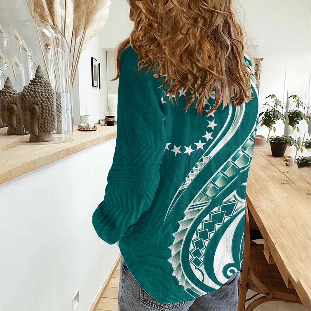 Kia Orana Cook Islands Women Casual Shirt Teal Plumeria Tropical Waves LT7 - Polynesian Pride