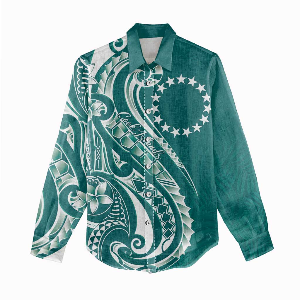 Kia Orana Cook Islands Women Casual Shirt Teal Plumeria Tropical Waves LT7 - Polynesian Pride
