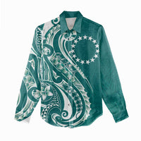 Kia Orana Cook Islands Women Casual Shirt Teal Plumeria Tropical Waves LT7 - Polynesian Pride