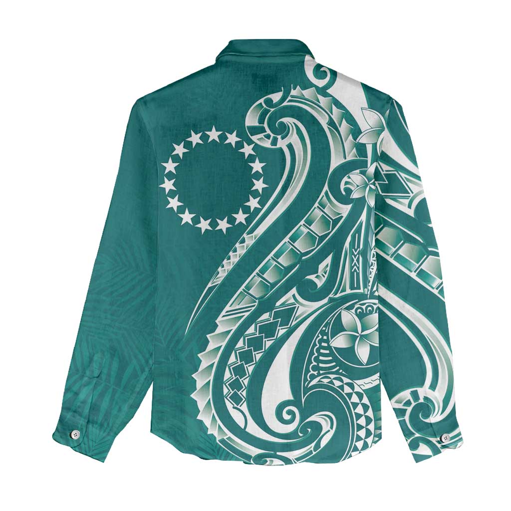 Kia Orana Cook Islands Women Casual Shirt Teal Plumeria Tropical Waves LT7 - Polynesian Pride