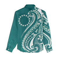Kia Orana Cook Islands Women Casual Shirt Teal Plumeria Tropical Waves LT7 - Polynesian Pride
