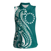 Kia Orana Cook Islands Women Sleeveless Polo Shirt Teal Plumeria Tropical Waves LT7 Female Teal - Polynesian Pride