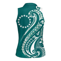 Kia Orana Cook Islands Women Sleeveless Polo Shirt Teal Plumeria Tropical Waves LT7 - Polynesian Pride