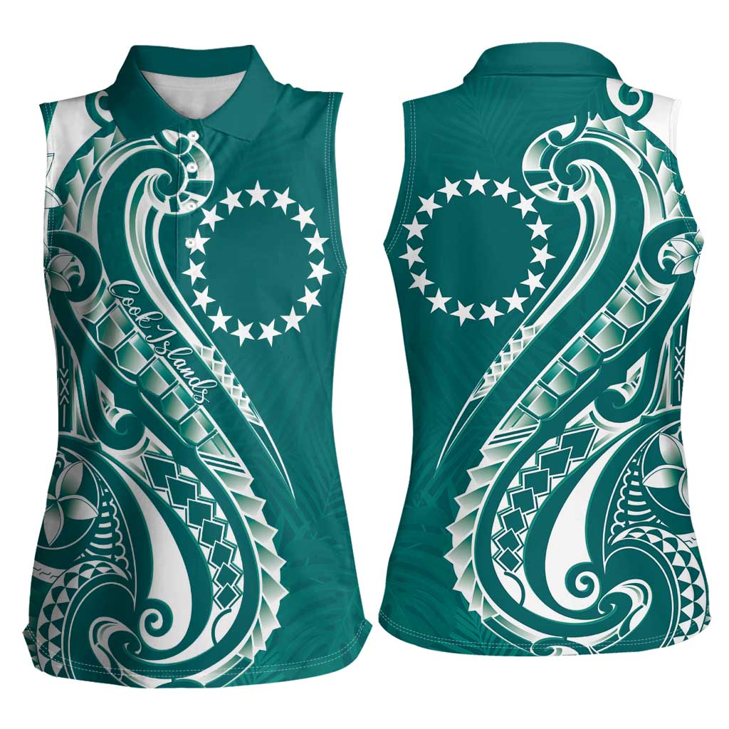 Kia Orana Cook Islands Women Sleeveless Polo Shirt Teal Plumeria Tropical Waves LT7 - Polynesian Pride