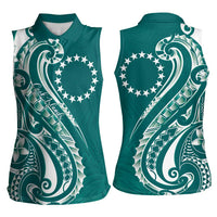 Kia Orana Cook Islands Women Sleeveless Polo Shirt Teal Plumeria Tropical Waves LT7 - Polynesian Pride