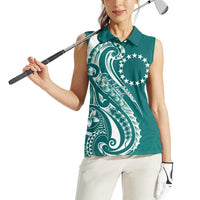 Kia Orana Cook Islands Women Sleeveless Polo Shirt Teal Plumeria Tropical Waves LT7 - Polynesian Pride