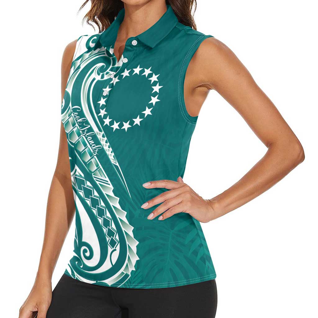 Kia Orana Cook Islands Women Sleeveless Polo Shirt Teal Plumeria Tropical Waves LT7 - Polynesian Pride