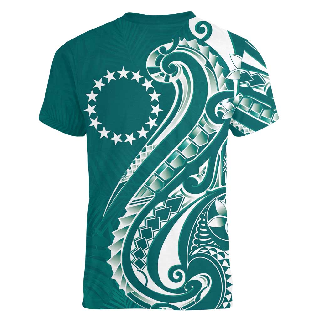 Kia Orana Cook Islands Women V-Neck T-Shirt Teal Plumeria Tropical Waves LT7 - Polynesian Pride
