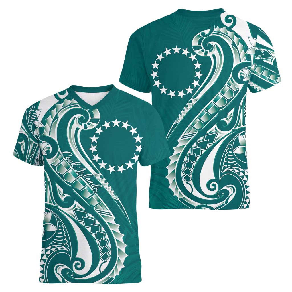 Kia Orana Cook Islands Women V-Neck T-Shirt Teal Plumeria Tropical Waves LT7 - Polynesian Pride