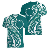 Kia Orana Cook Islands Women V-Neck T-Shirt Teal Plumeria Tropical Waves LT7 - Polynesian Pride