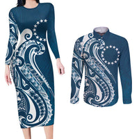 Kia Orana Cook Islands Couples Matching Long Sleeve Bodycon Dress and Long Sleeve Button Shirt Auika Plumeria Tropical Waves LT7 Navy Blue - Polynesian Pride