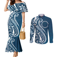 Kia Orana Cook Islands Couples Matching Mermaid Dress and Long Sleeve Button Shirt Auika Plumeria Tropical Waves LT7 Navy Blue - Polynesian Pride