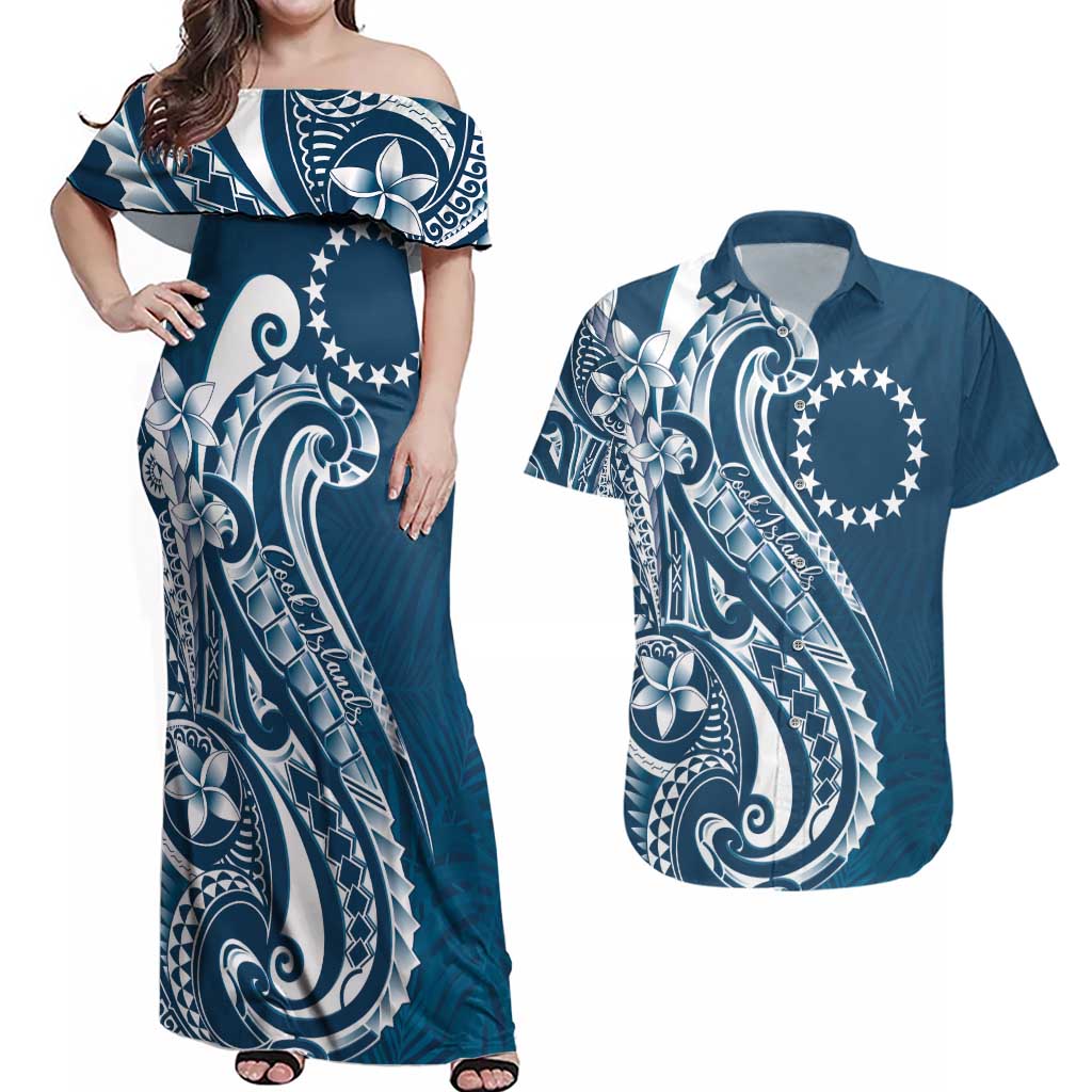 Kia Orana Cook Islands Couples Matching Off Shoulder Maxi Dress and Hawaiian Shirt Auika Plumeria Tropical Waves LT7 Navy Blue - Polynesian Pride